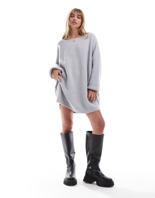 Miss Selfridge - Vestito corto in maglia grigio mélange oversize con scollo a barchetta