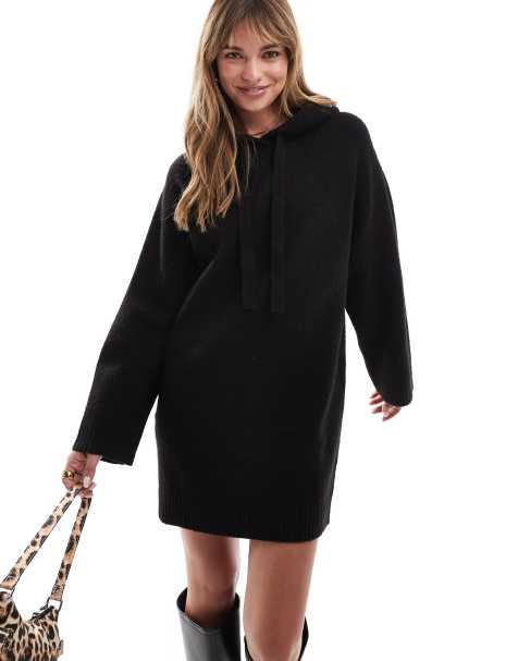 Miss Selfridge - Vestito corto in maglia nero con cappuccio oversize - view 1