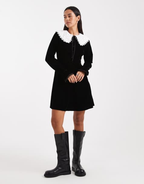 Miss Selfridge - Vestito corto in velluto nero con colletto - view 1