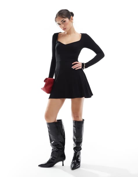 Miss Selfridge - Vestito corto nero con scollo a cuore, corpino aderente e gonna svasata - view 1