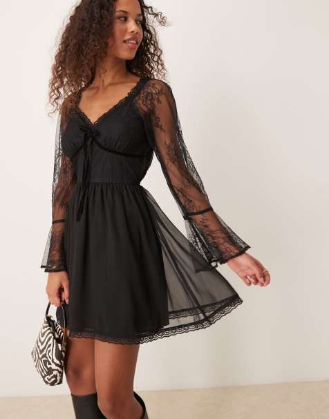 Miss Selfridge - Vestito corto nero in pizzo e chiffon - view 1