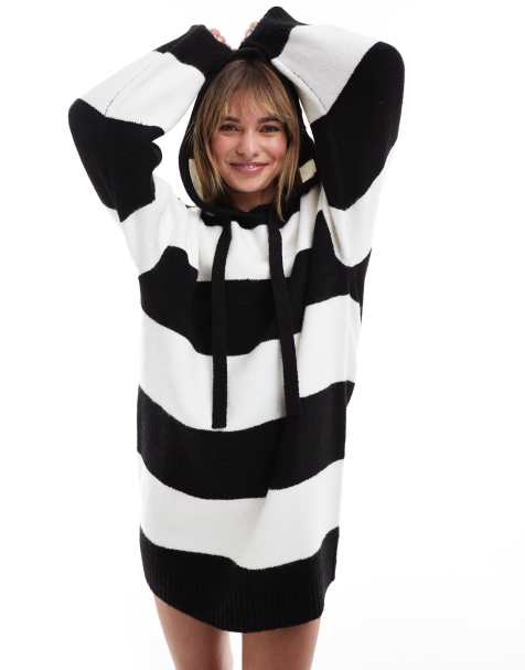 Miss Selfridge - Vestito corto oversize con cappuccio in maglia a righe - view 1