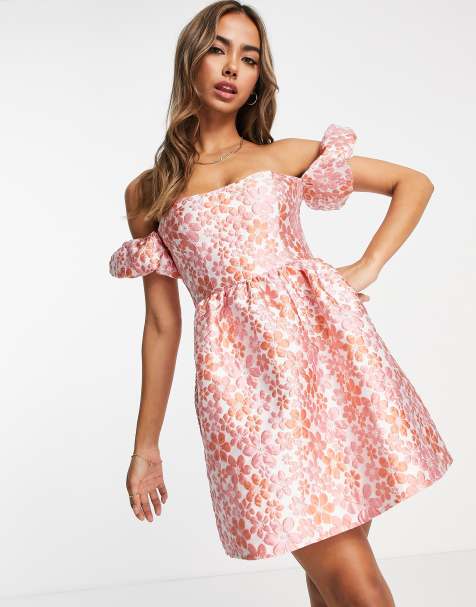 Miss Selfridge - Vestito corto rosa a fiori in jacquard con scollo alla Bardot - view 1