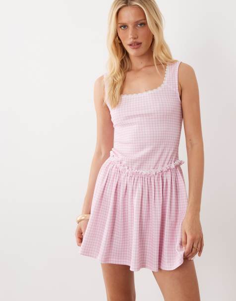 Miss Selfridge - Vestito corto rosa a quadretti con scollo squadrato - view 1