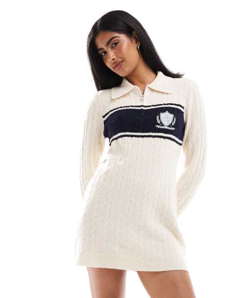 Miss Selfridge - Vestito corto stile college a polo in maglia crema con zip - view 1