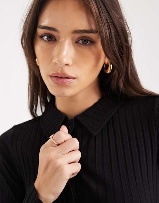 Miss Selfridge - Vestito corto stile polo nero a coste con bottoni, 3 di 4