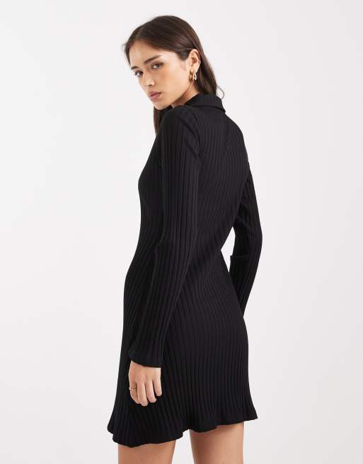 Miss Selfridge - Vestito corto stile polo nero a coste con bottoni, 4 di 4
