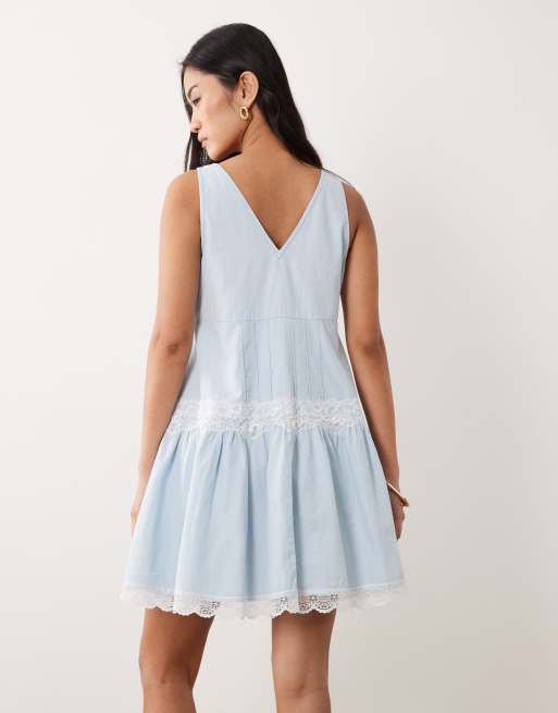 Miss Selfridge - Vestito di jeans in chambray misto pizzo lavaggio blu, 3 di 4