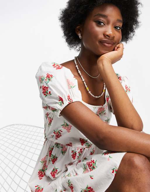Miss Selfridge - Vestito grembiule a babydoll in popeline con stampa di uva, 3 di 4