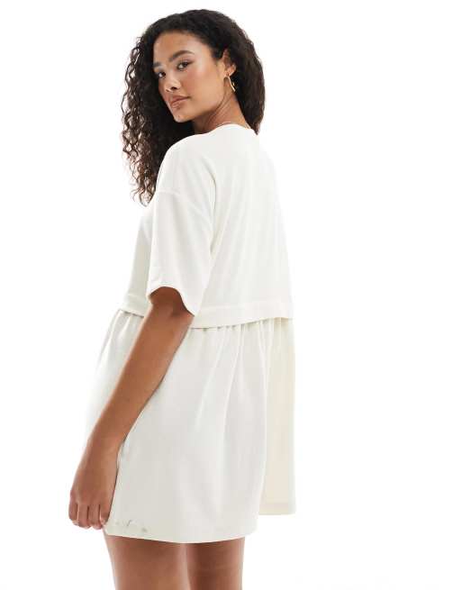 Miss Selfridge - Vestito grembiule a maniche corte color écru a coste a strati, 3 di 4