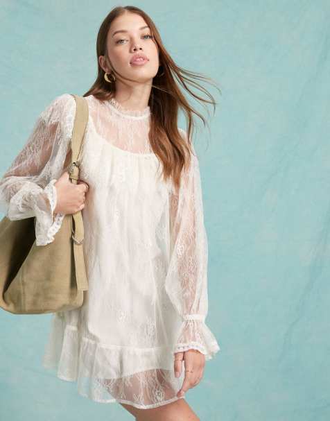 Miss Selfridge - Vestito grembiule in pizzo color avorio con volant - view 1
