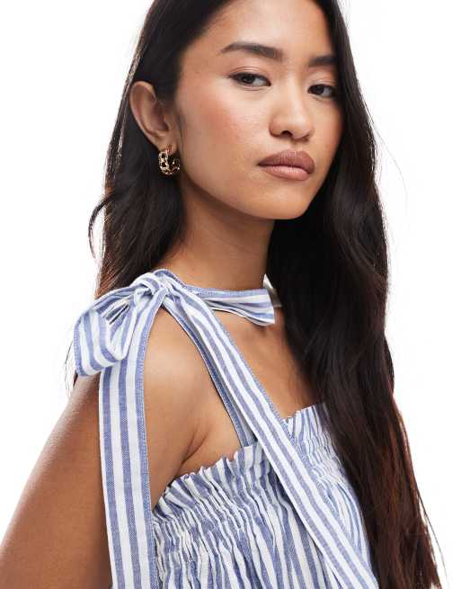 Miss Selfridge - Vestito grembiule lungo in popeline blu a righe con spalline sottili, 4 di 4