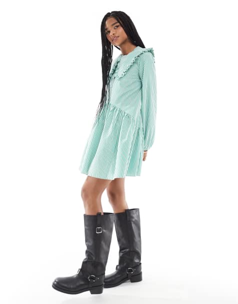Miss Selfridge - Vestito grembiule verde a righe con colletto oversize - view 1