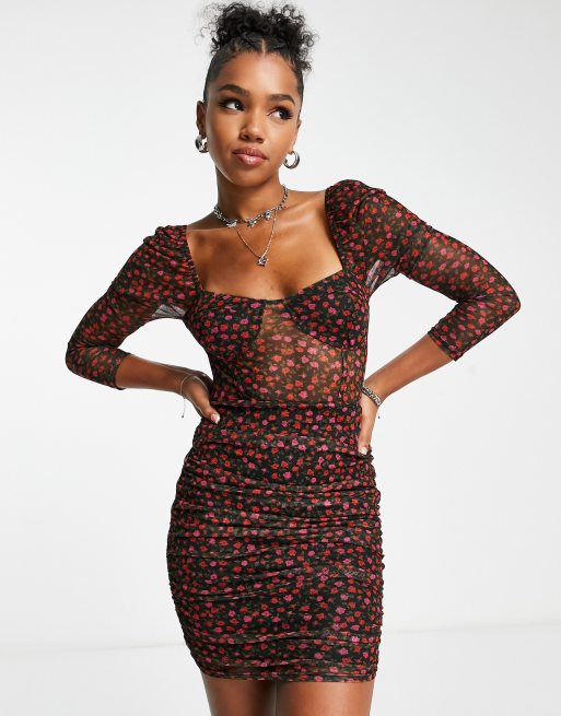 Miss Selfridge - Vestito in rete a fiorellini con dettaglio a corsetto 