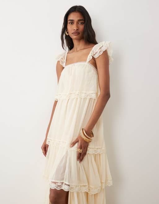 Miss Selfridge - Vestito lungo a balze in chiffon color crema, 2 di 4