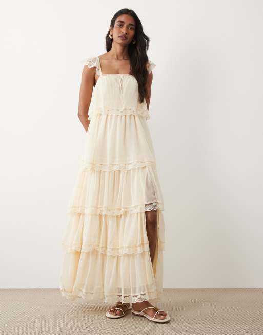 Miss Selfridge - Vestito lungo a balze in chiffon color crema, 3 di 4