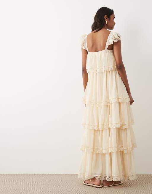 Miss Selfridge - Vestito lungo a balze in chiffon color crema, 4 di 4