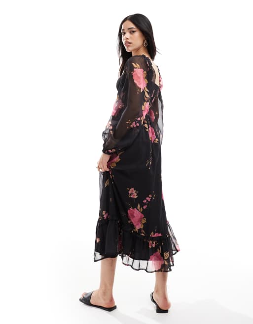 Miss Selfridge - Vestito lungo a corsetto con stampa di rosa, 2 di 4