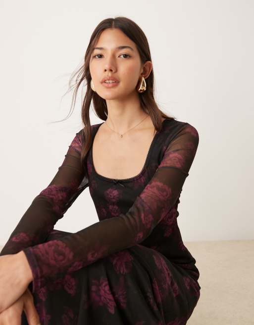 Miss Selfridge - Vestito lungo a maniche lunghe con stampa a fiori, 3 di 4