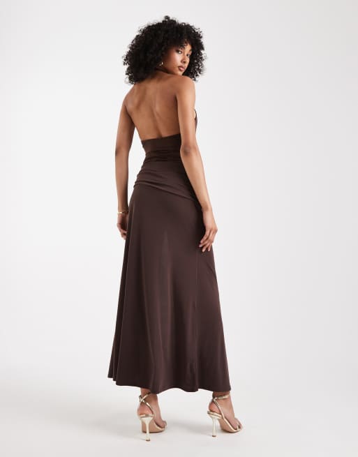 Miss Selfridge - Vestito lungo allacciato al collo color cioccolato, 4 di 4