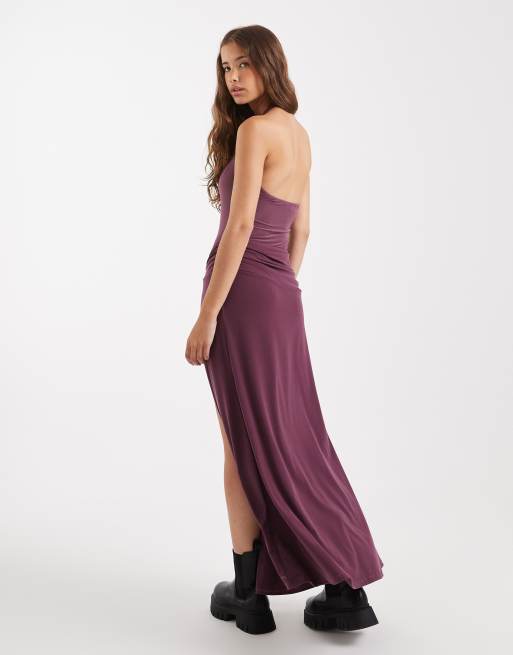 Miss Selfridge - Vestito lungo allacciato al collo color prugna, 3 di 4