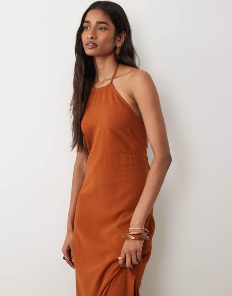 Miss Selfridge - Vestito lungo allacciato al collo effetto lino color ruggine - view 1