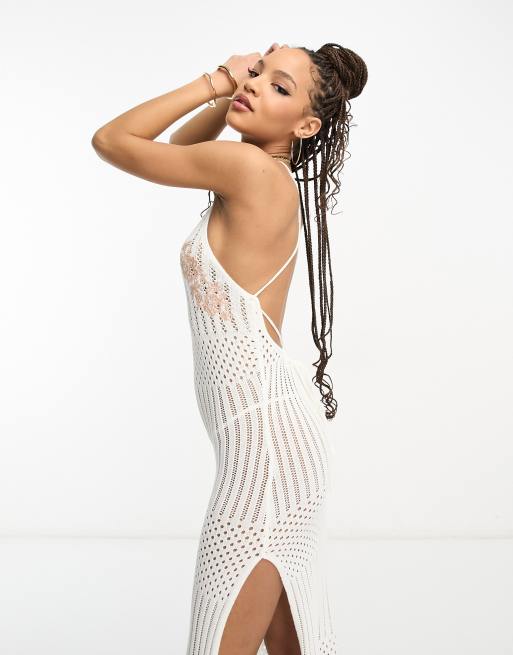 Miss Selfridge - Vestito lungo all'uncinetto color crema con ricami