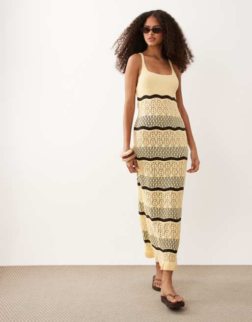 Miss Selfridge - Vestito lungo all'uncinetto giallo burro a righe, 2 di 4