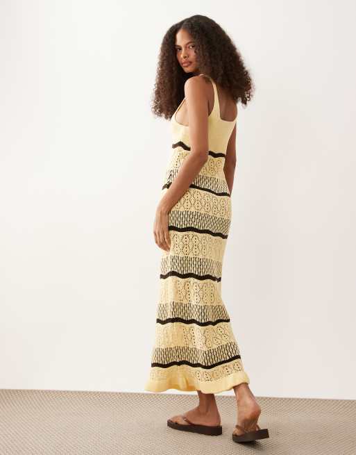 Miss Selfridge - Vestito lungo all'uncinetto giallo burro a righe, 4 di 4