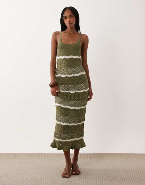 Miss Selfridge - Vestito lungo all'uncinetto kaki a righe - view 1
