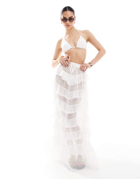 Miss Selfridge - Vestito lungo da mare a balze in chiffon color crema con volant - view 1