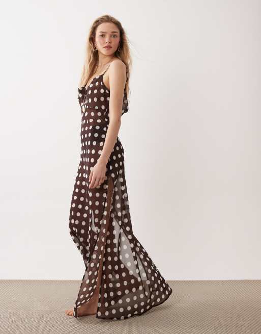 Miss Selfridge - Vestito lungo da mare in chiffon marrone cioccolato a pois, 3 di 4