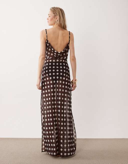 Miss Selfridge - Vestito lungo da mare in chiffon marrone cioccolato a pois, 4 di 4