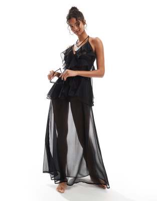Miss Selfridge - Vestito lungo da mare nero in chiffon con volant - view 1