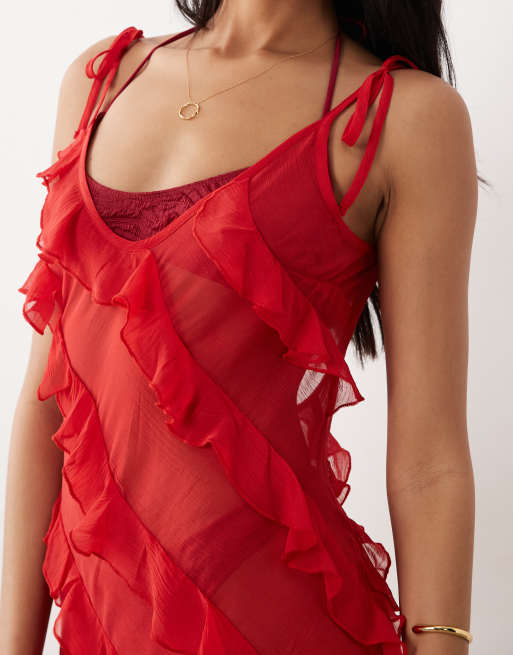Miss Selfridge - Vestito lungo da mare rosso con volant e scollo asimmetrico sulla schiena, 3 di 4