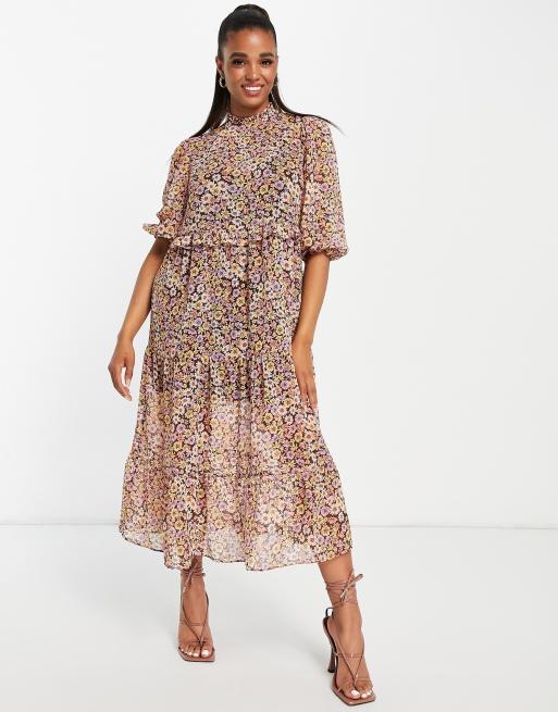 Miss Selfridge - Vestito lungo in chiffon a fasce a fiori misti