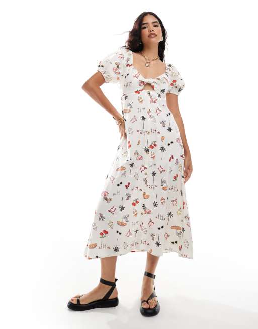 Miss Selfridge - Vestito lungo in misto lino con stampa cartolina, bottoni e lacci sul davanti