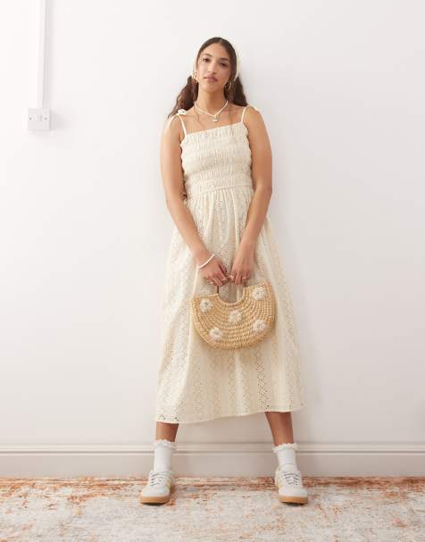 Miss Selfridge - Vestito lungo in pizzo color latticello con spalline sottili - view 1