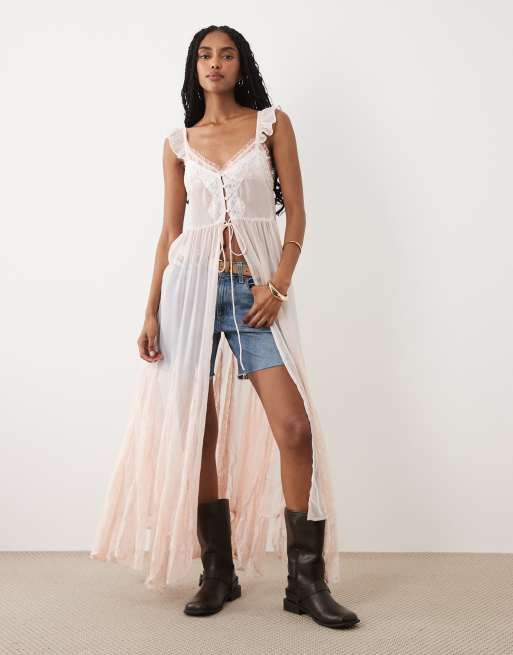 Miss Selfridge - Vestito lungo in pizzo trasparente con godet, 4 di 4