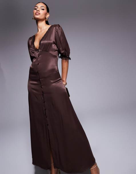 Miss Selfridge - Vestito lungo in raso color cioccolato con finiture in pizzo - view 1