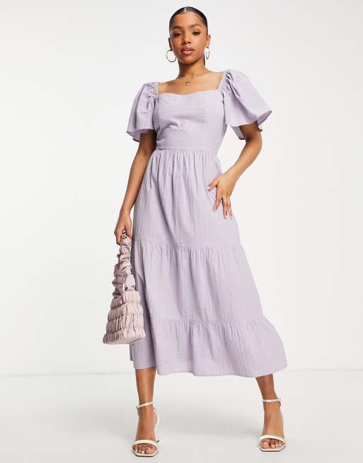 Miss Selfridge - Vestito lungo lilla in tessuto fiammato di cotone con fiocco sul retro