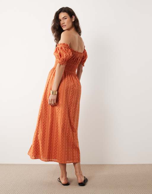 Miss Selfridge - Vestito lungo milkmaid in pizzo arancione bruciato, 4 di 4