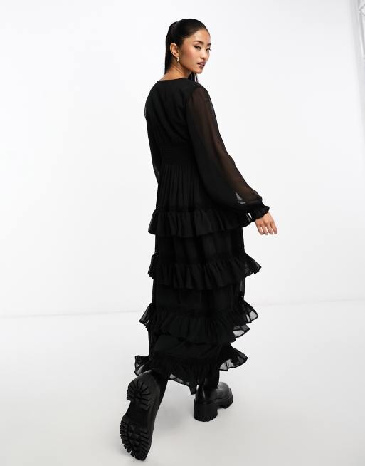 Miss Selfridge - Vestito lungo nero in chiffon plumetis con volant a balze, 2 di 4