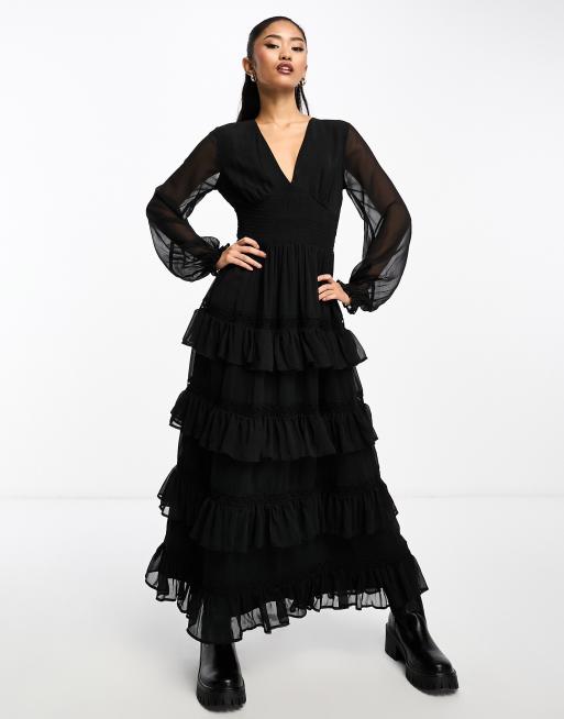 Miss Selfridge - Vestito lungo nero in chiffon plumetis con volant a balze, 3 di 4
