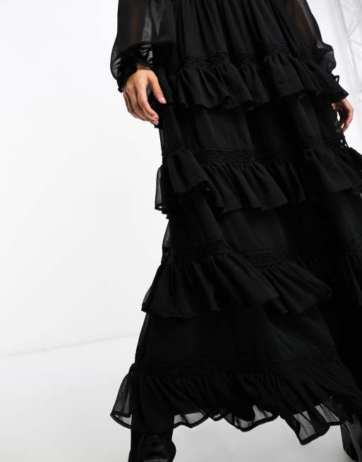 Miss Selfridge - Vestito lungo nero in chiffon plumetis con volant a balze, 4 di 4