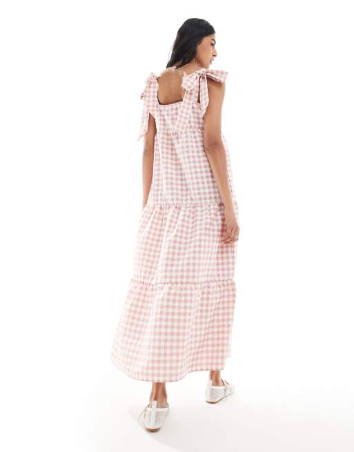 Miss Selfridge - Vestito lungo rosa a balze con spalline annodate a quadretti, 3 di 4
