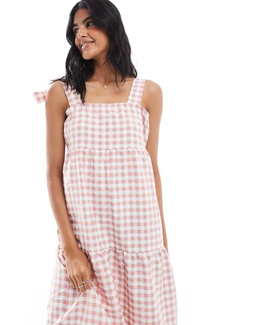Miss Selfridge - Vestito lungo rosa a balze con spalline annodate a quadretti, 4 di 4