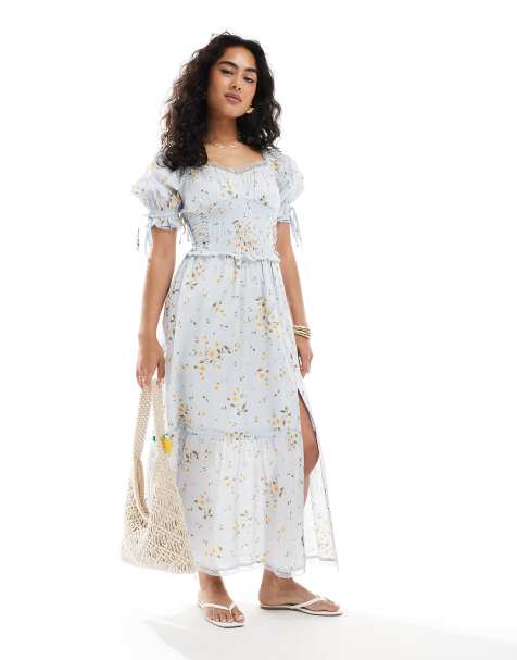 Miss Selfridge - Vestito lungo stile milkmaid blu con stampa a fiori - view 1