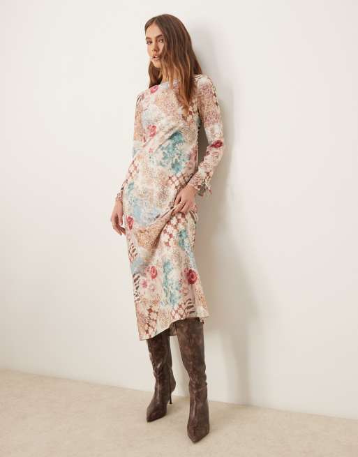 Miss Selfridge - Vestito maxi a maniche lunghe con stampa multicolore