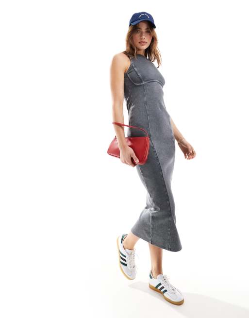 Miss Selfridge - Vestito midi a corsetto con scollo a vogatore color antracite slavato